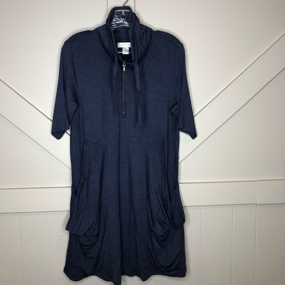 Christopher & Banks Shirt Dress Short Sleeve Quarter Zip Draped Pockets Blue